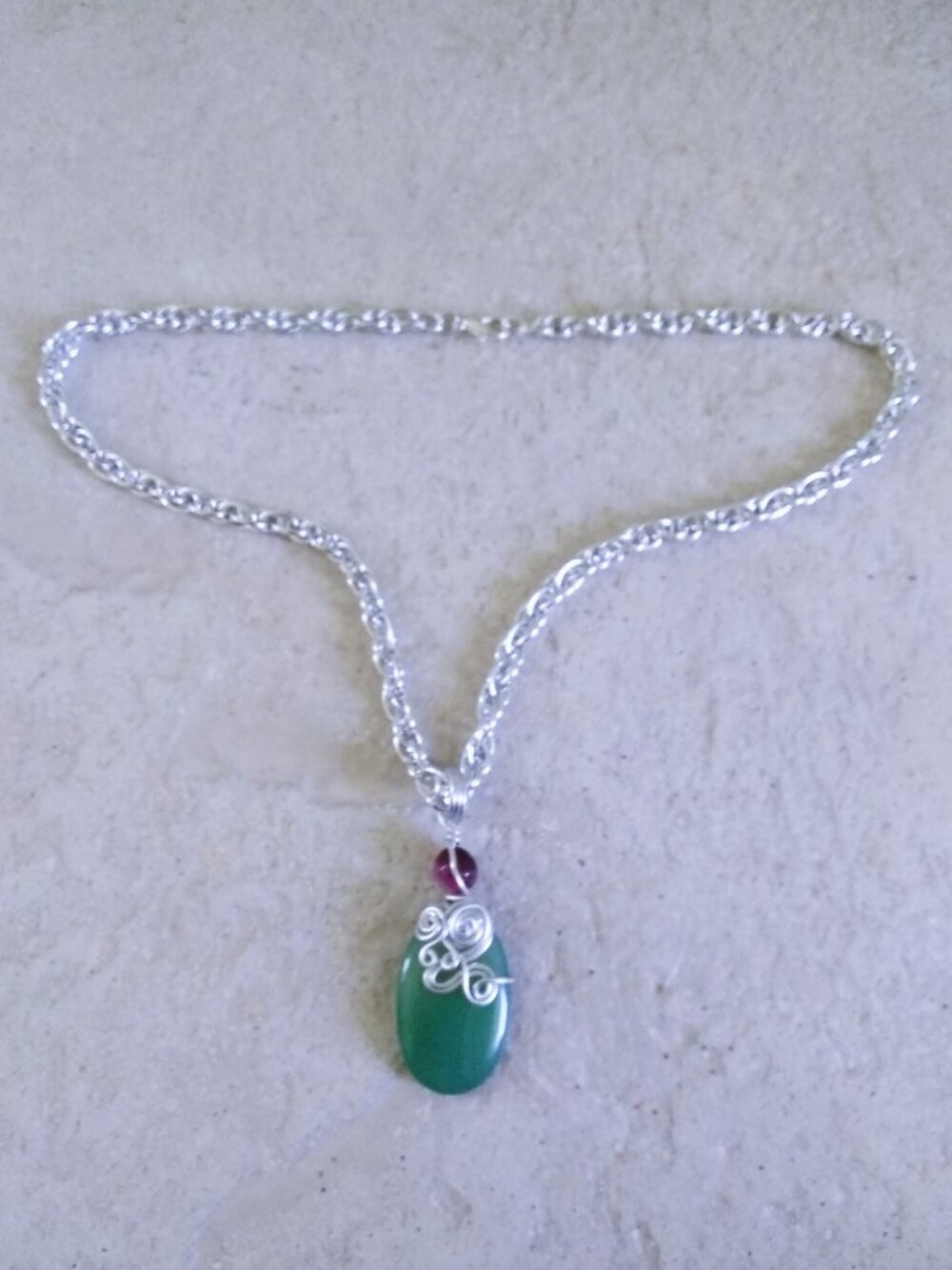 Handmade! Green + Raspberry Agate Pendant w. 18" Rope Chain - Vibrantly Unique! - Picture 6 of 11